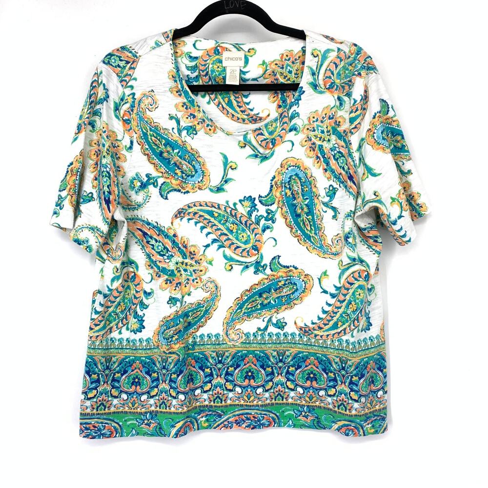 Chico's Top Womens 12P 2P White Paisley Border Print Hem Slub Knit Short Sleeve